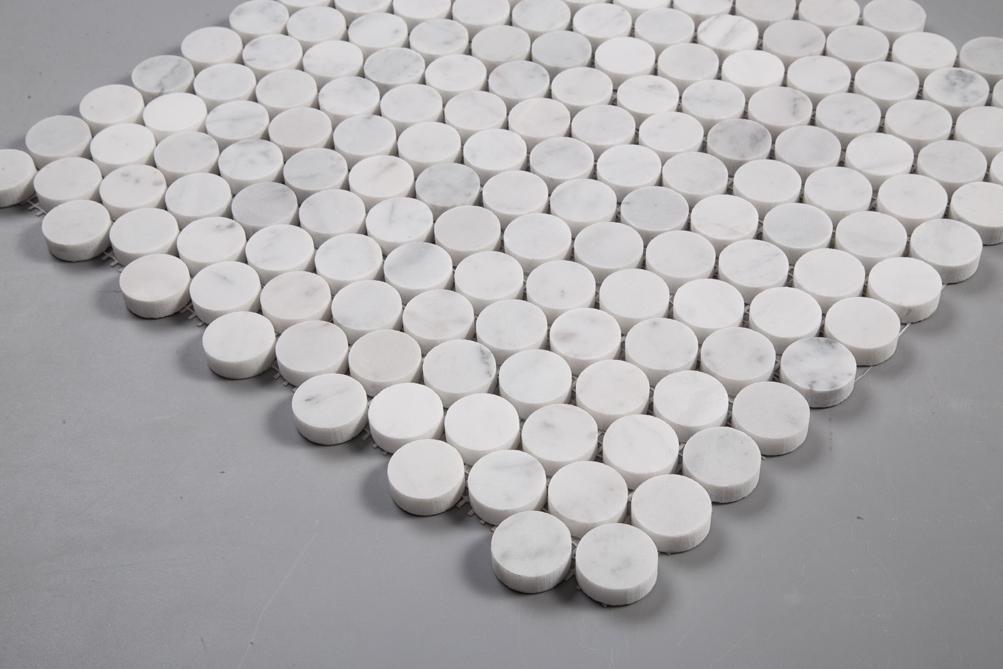 Carrara Bianco Marble Mosaic Tile - 1" Penny Rounds - Polished | TileBuys