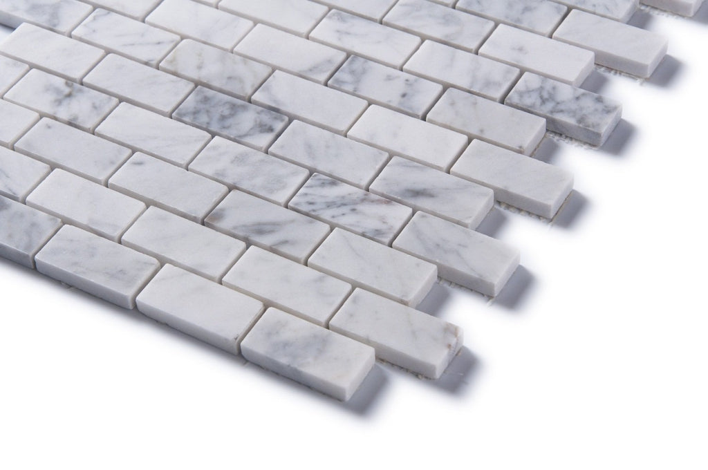 Carrara Bianco Marble Mosaic Tile - 1x2" Mini Brick - Polished | TileBuys