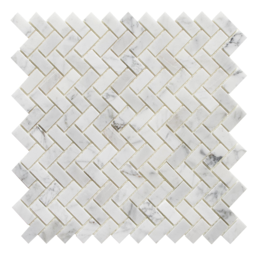 Carrara Bianco Marble Mosaic Wall Tile - 1x2" Mini Brick Herringbone - Polished | TileBuys