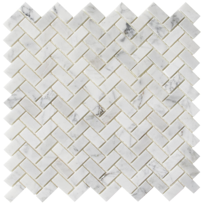 Carrara Bianco Marble Mosaic Wall Tile - 1x2" Mini Brick Herringbone - Polished | TileBuys