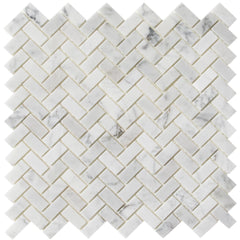 Carrara Bianco Marble Mosaic Wall Tile - 1x2" Mini Brick Herringbone - Polished | TileBuys