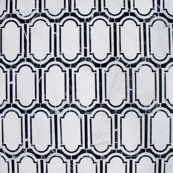 Carrara (Carrera) Venato and Nero Black Marble Waterjet Mosaic Tile - Black and White Geometric Tile | TileBuys