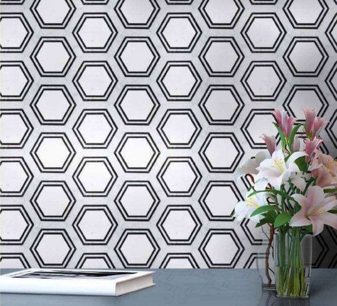 Carrara (Carrera) Venato and Nero Black Marble Waterjet Mosaic Tile in Double Hexagon | TileBuys