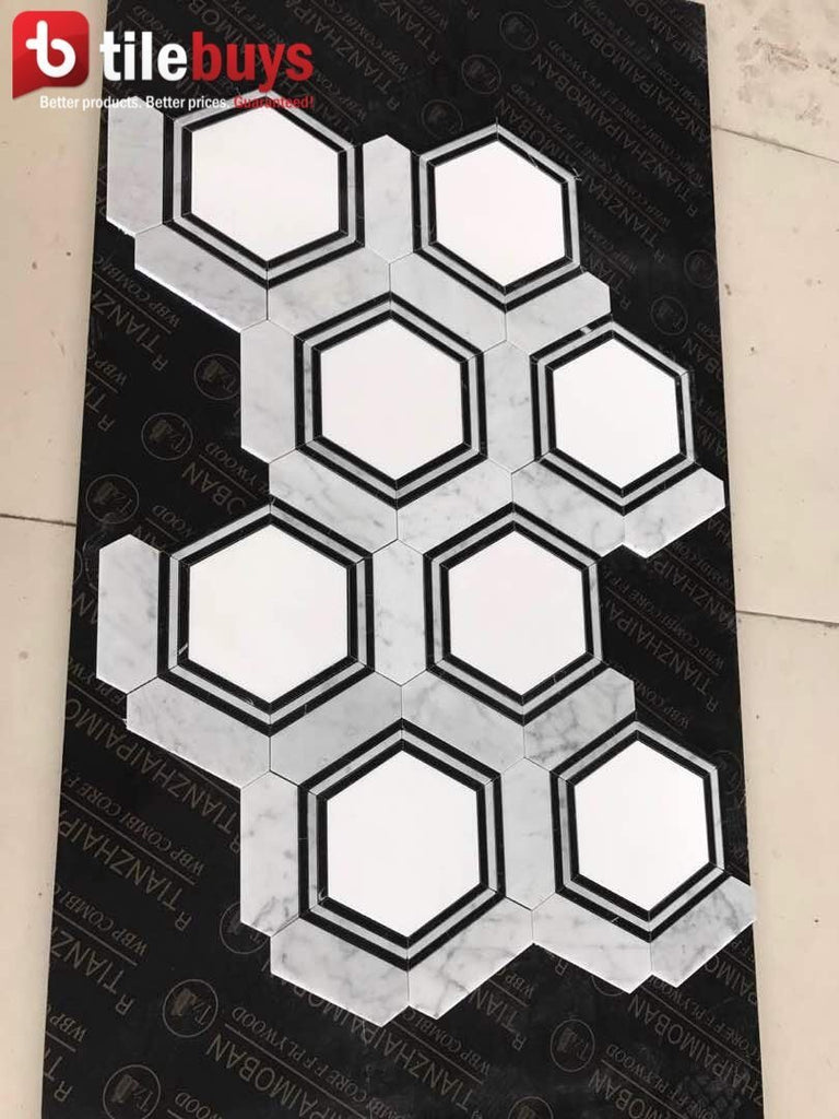 Carrara (Carrera) Venato and Nero Black Marble Waterjet Mosaic Tile in Double Hexagon | TileBuys