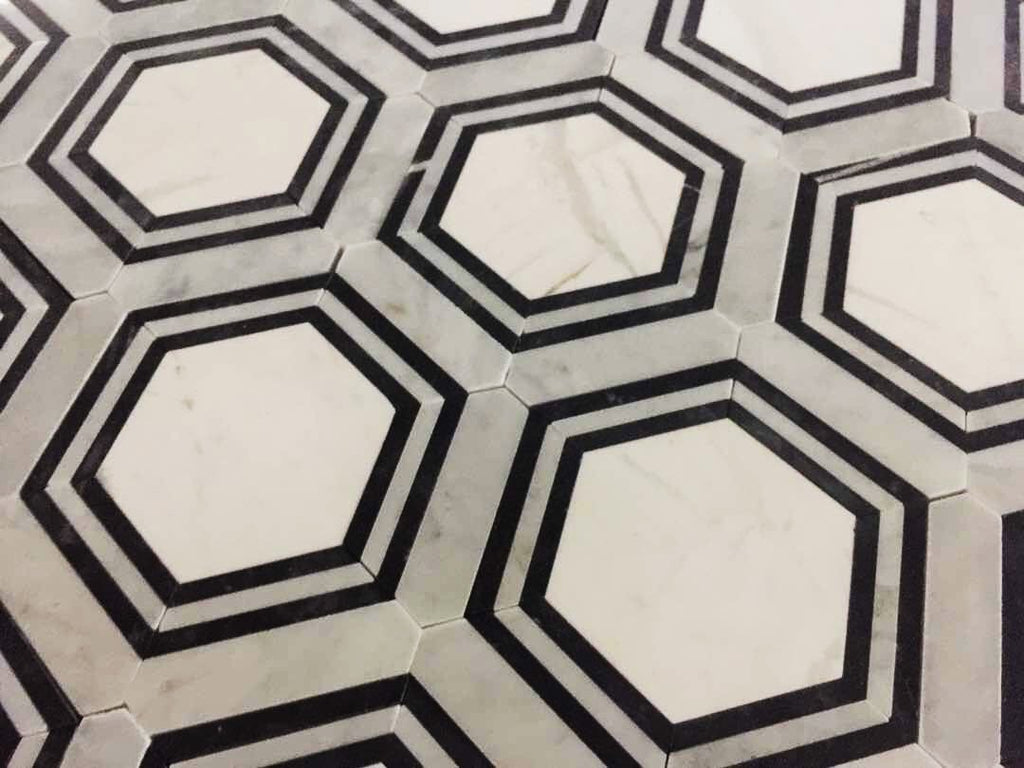 Carrara (Carrera) Venato and Nero Black Marble Waterjet Mosaic Tile in Double Hexagon | TileBuys