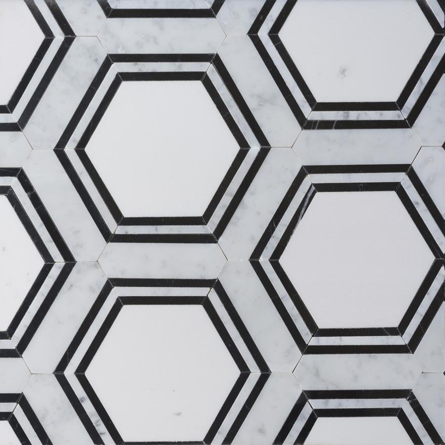 Carrara (Carrera) Venato and Nero Black Marble Waterjet Mosaic Tile in Double Hexagon | TileBuys