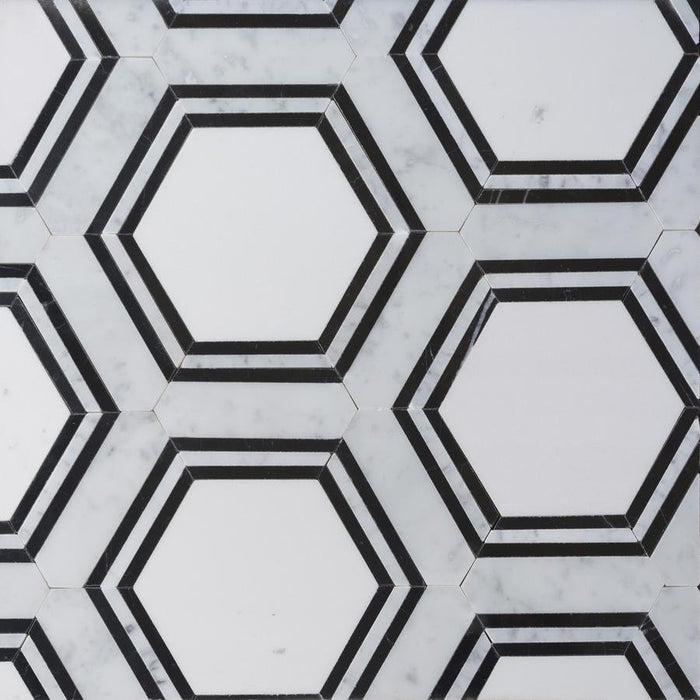Carrara (Carrera) Venato and Nero Black Marble Waterjet Mosaic Tile in Double Hexagon | TileBuys