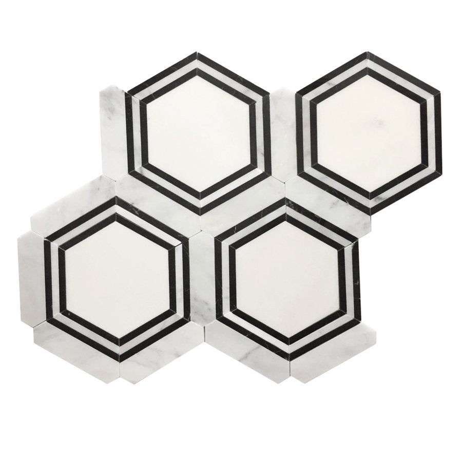 Carrara (Carrera) Venato and Nero Black Marble Waterjet Mosaic Tile in Double Hexagon | TileBuys