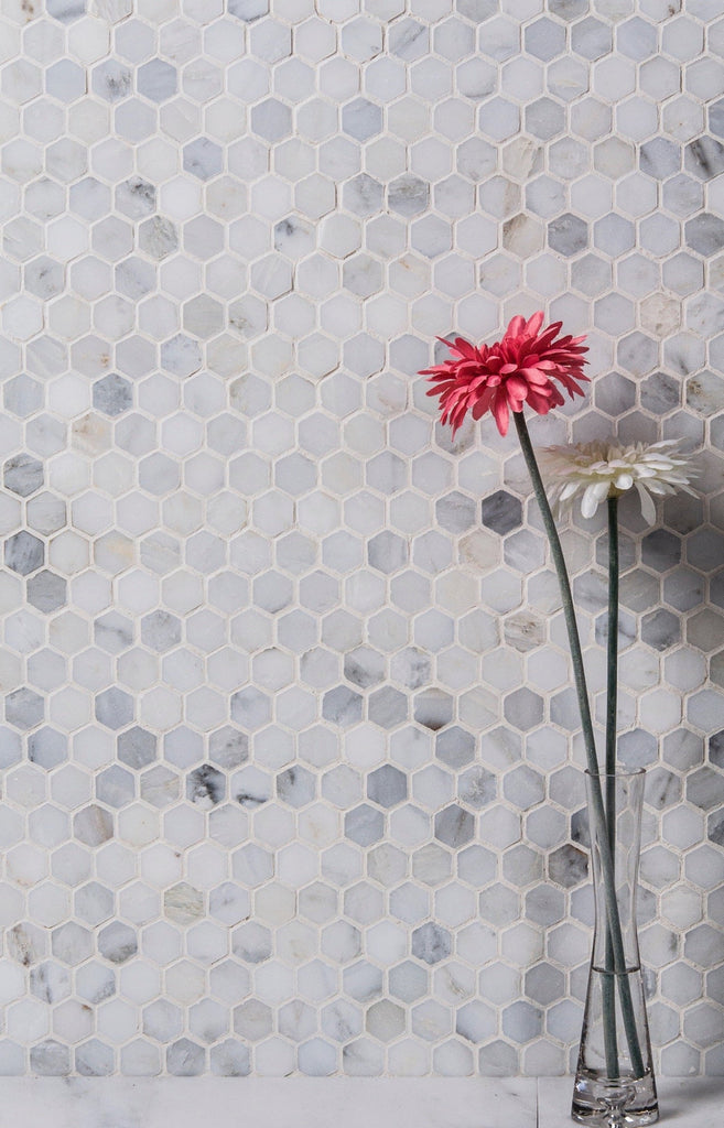 Carrara (Carrera) Venato Marble Mosaic Tile - 1” Hexagons - Polished or Honed | TileBuys