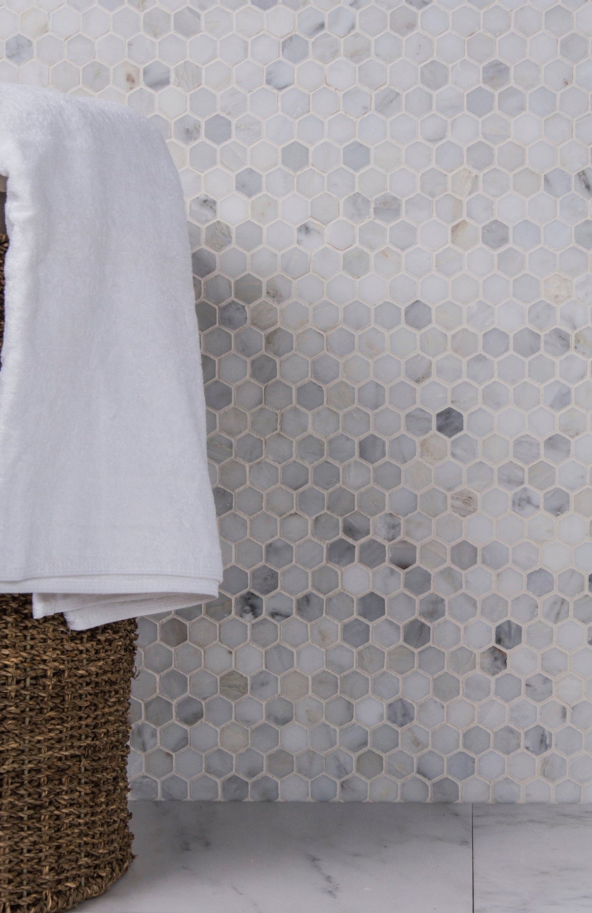 Carrara (Carrera) Venato Marble Mosaic Tile - 1” Hexagons - Polished or Honed | TileBuys