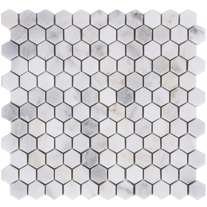 Carrara (Carrera) Venato Marble Mosaic Tile - 1” Hexagons - Polished or Honed | TileBuys