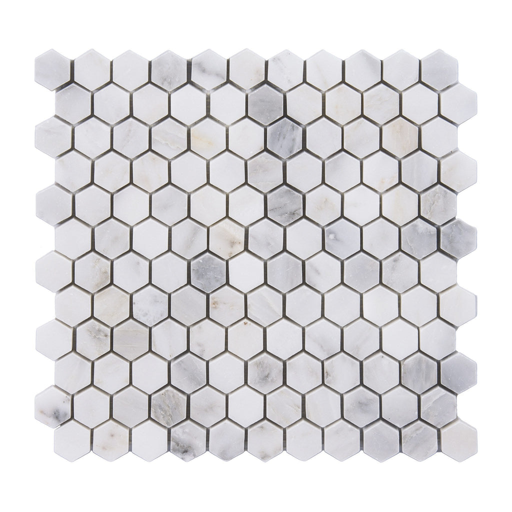 Carrara (Carrera) Venato Marble Mosaic Tile - 1” Hexagons - Polished or Honed | TileBuys
