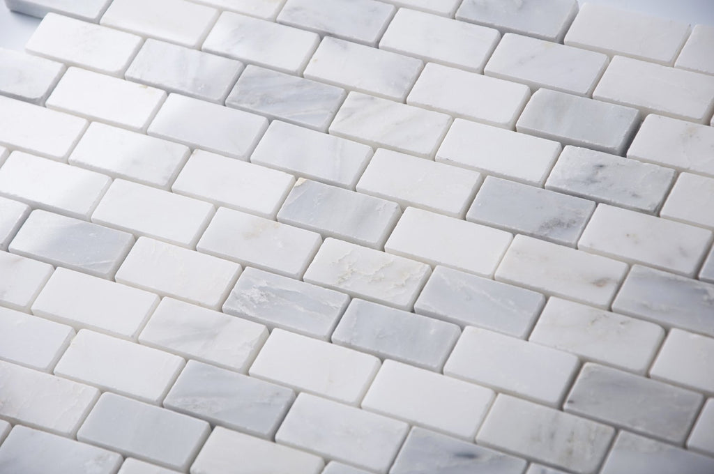 Carrara (Carrera) Venato Marble Mosaic Tile - 1x2” Mini Brick Pattern - Polished | TileBuys