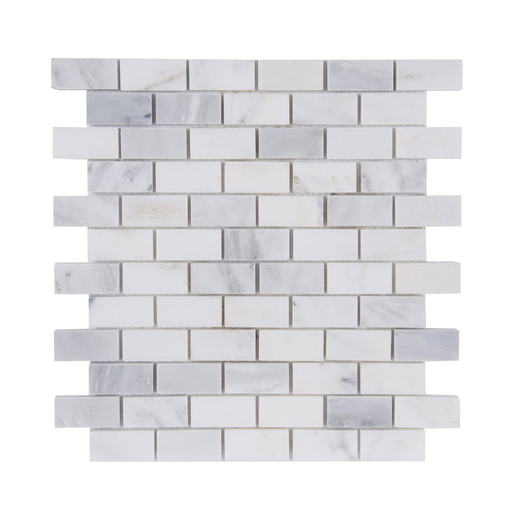 Carrara (Carrera) Venato Marble Mosaic Tile - 1x2” Mini Brick Pattern - Polished | TileBuys