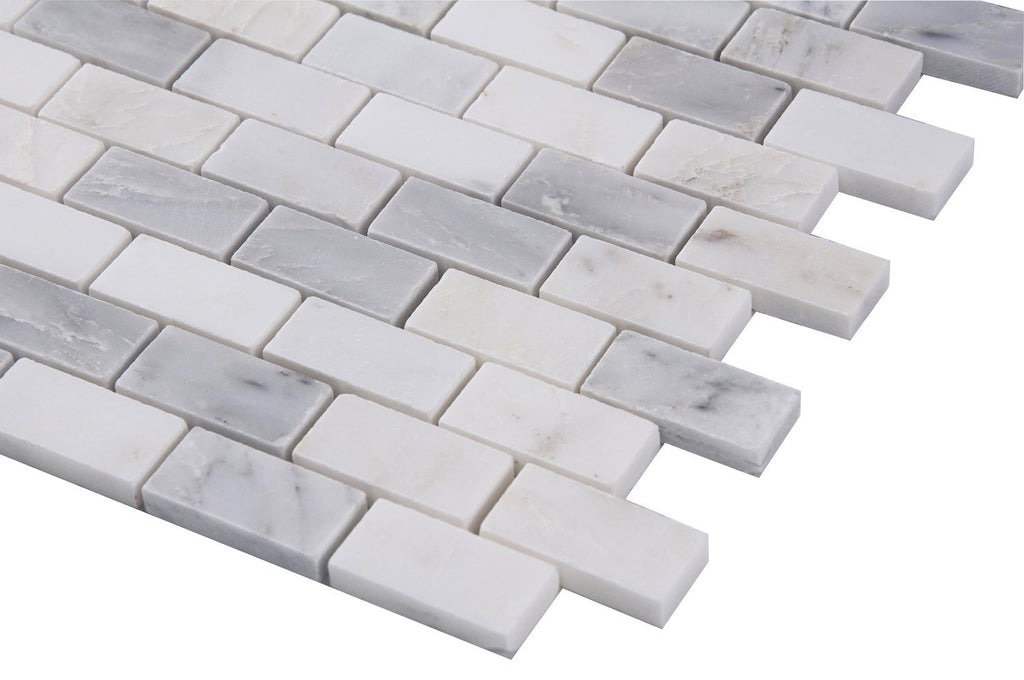 Carrara (Carrera) Venato Marble Mosaic Tile - 1x2” Mini Brick Pattern - Polished | TileBuys