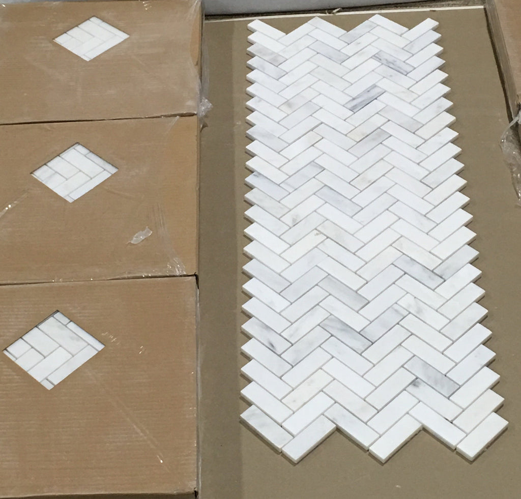 Carrara (Carrera) Venato Marble Mosaic Tile - 1x3” Herringbone - Polished | TileBuys