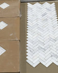 Carrara (Carrera) Venato Marble Mosaic Tile - 1x3” Herringbone - Polished | TileBuys