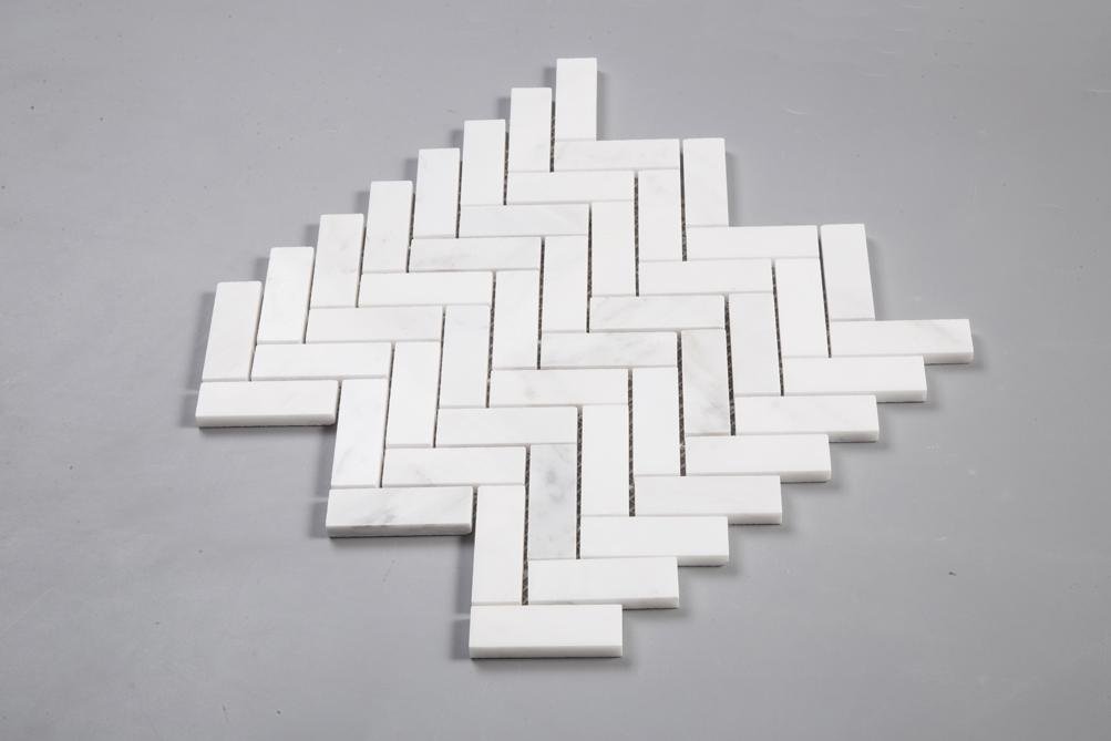 Carrara (Carrera) Venato Marble Mosaic Tile - 1x3” Herringbone - Polished | TileBuys