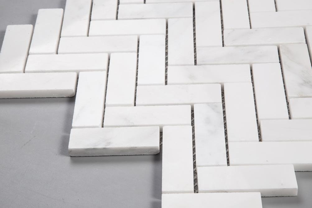 Carrara (Carrera) Venato Marble Mosaic Tile - 1x3” Herringbone - Polished | TileBuys