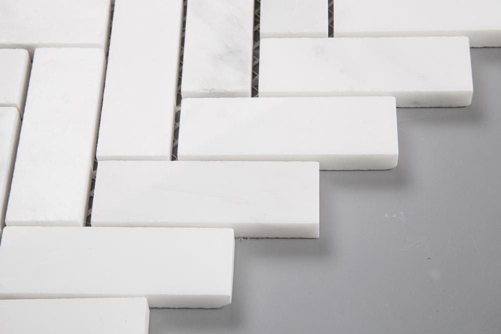 Carrara (Carrera) Venato Marble Mosaic Tile - 1x3” Herringbone - Polished | TileBuys