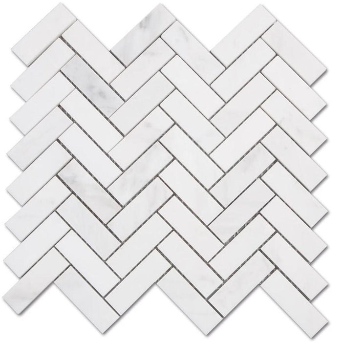 Carrara (Carrera) Venato Marble Mosaic Tile - 1x3” Herringbone - Polished | TileBuys