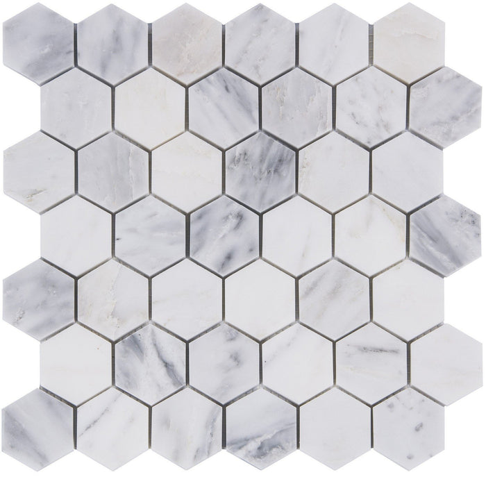 Carrara (Carrera) Venato Marble Mosaic Tile - 2” Hexagons - Polished or Honed | TileBuys