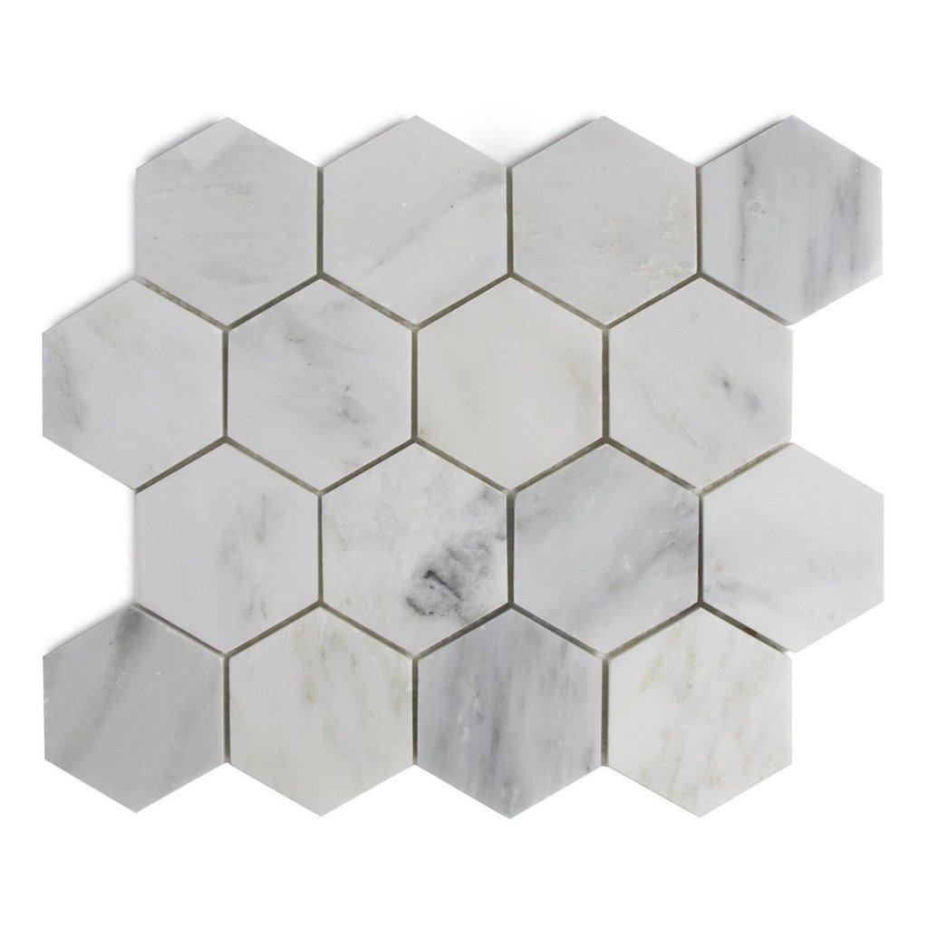 Carrara (Carrera) Venato Marble Mosaic Tile - 3” Hexagons - Polished | TileBuys