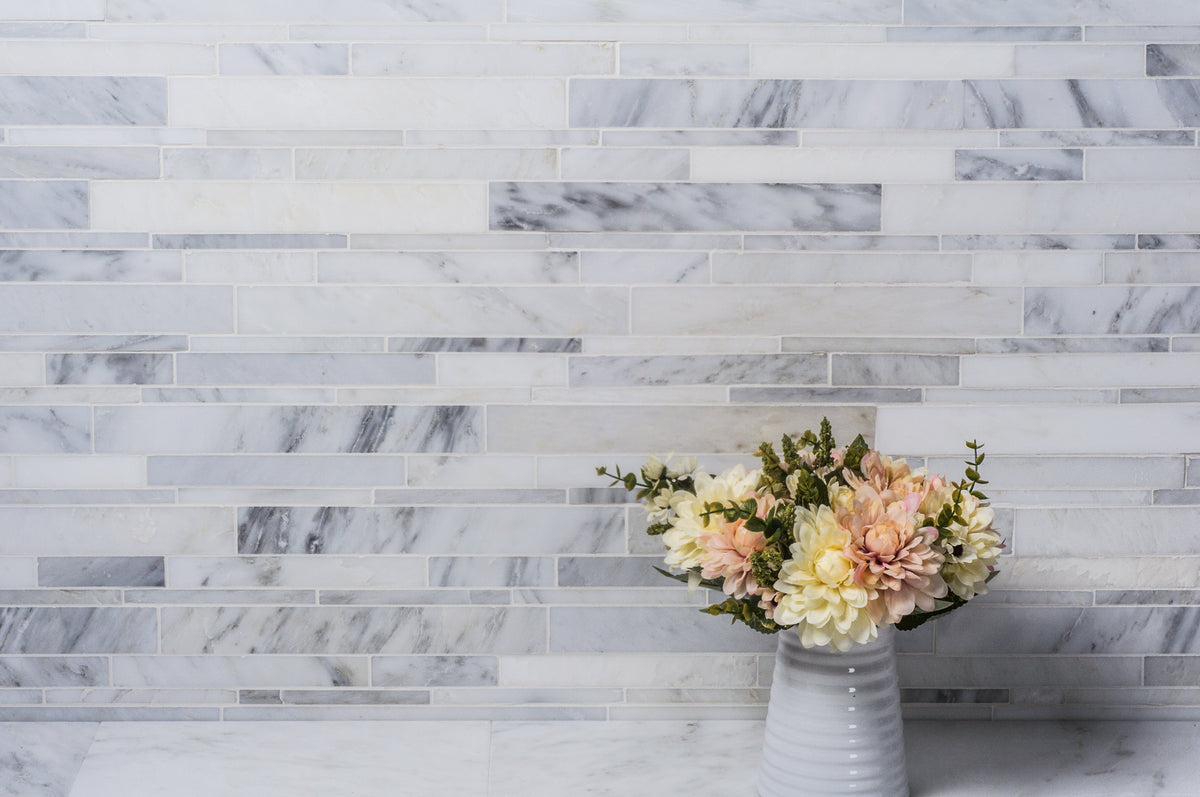 Carrara (Carrera) Venato Marble Mosaic Tile - Random Linear Strips - Polished | TileBuys