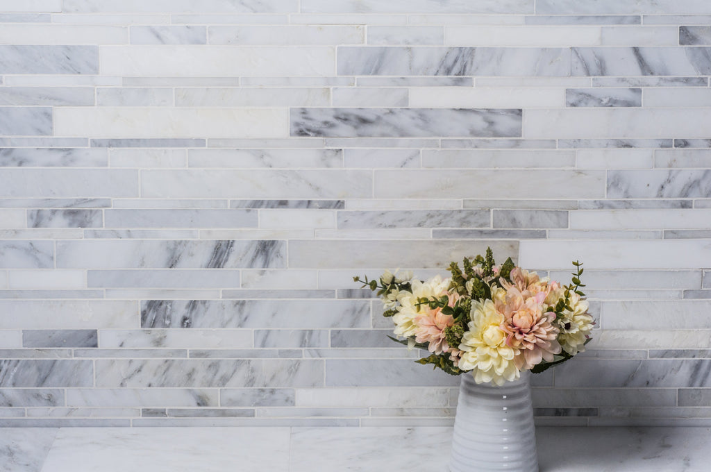 Carrara (Carrera) Venato Marble Mosaic Tile - Random Linear Strips - Polished | TileBuys