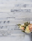 Carrara (Carrera) Venato Marble Mosaic Tile - Random Linear Strips - Polished | TileBuys