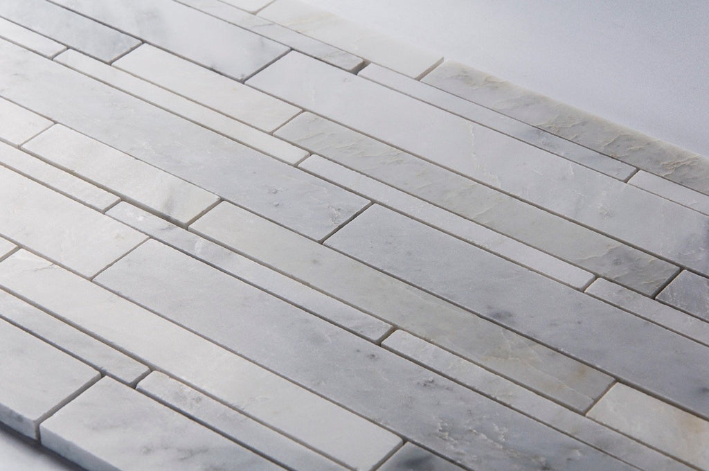 Carrara (Carrera) Venato Marble Mosaic Tile - Random Linear Strips - Polished | TileBuys