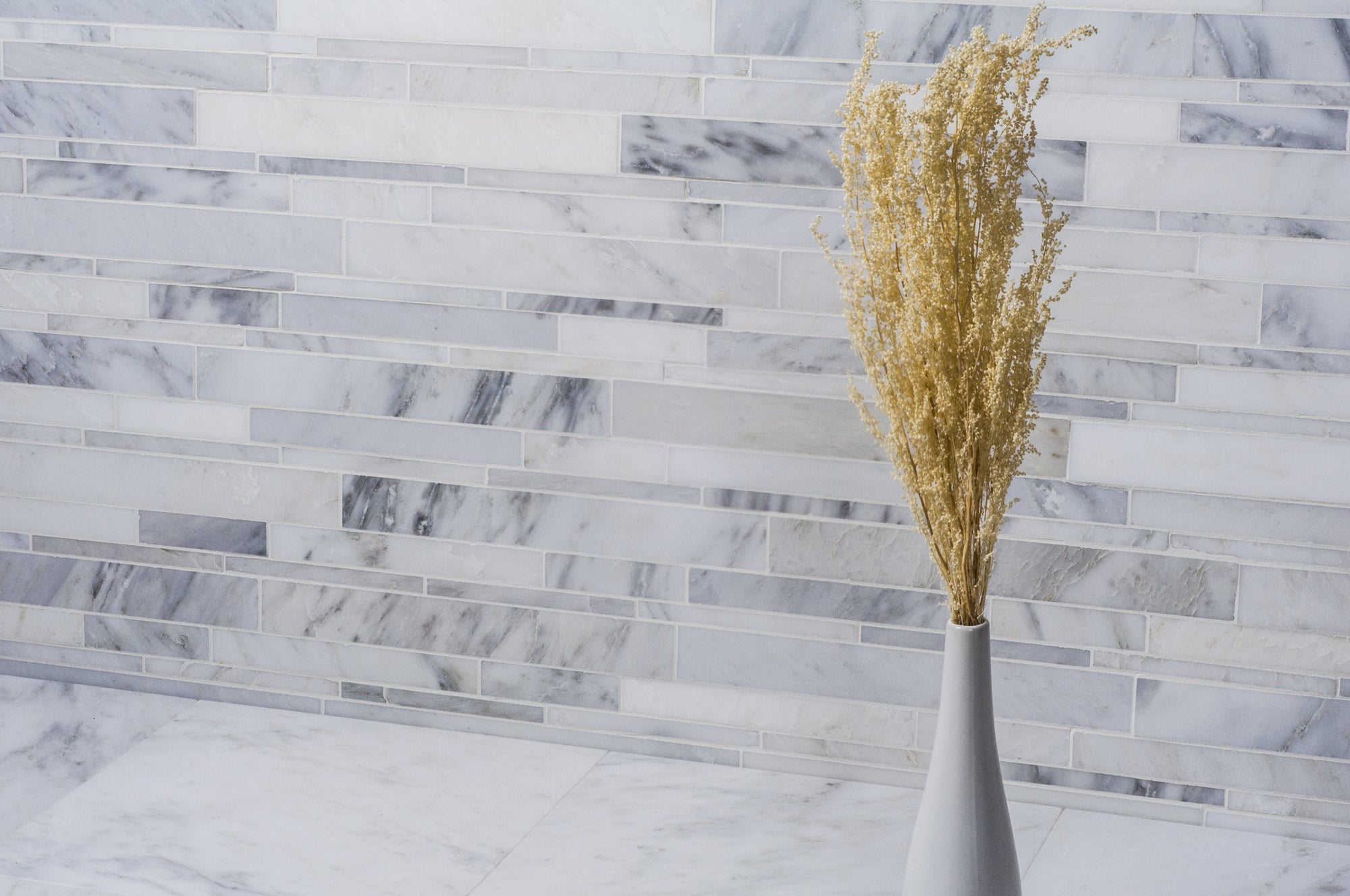 Carrara (Carrera) Venato Marble Mosaic Tile - Random Linear Strips - Polished | TileBuys