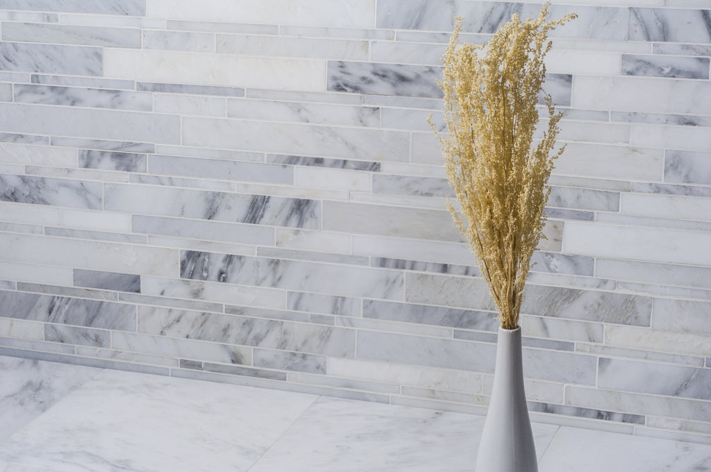 Carrara (Carrera) Venato Marble Mosaic Tile - Random Linear Strips - Polished | TileBuys