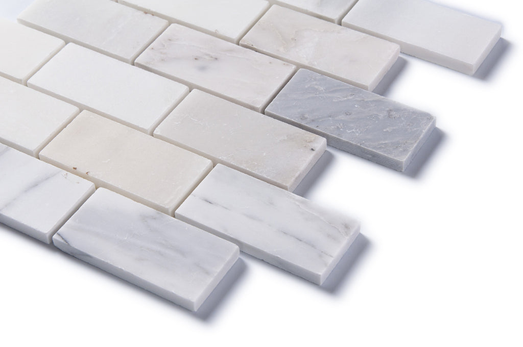 Carrara Venato Marble Mosaic Tile in 2x4" Mini Brick Subway Tiles Pattern - Polished or Honed | TileBuys