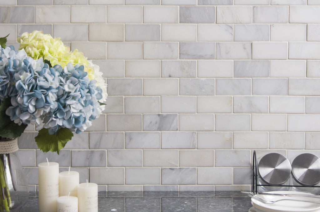 Carrara Venato Marble Mosaic Tile in 2x4" Mini Brick Subway Tiles Pattern - Polished or Honed | TileBuys