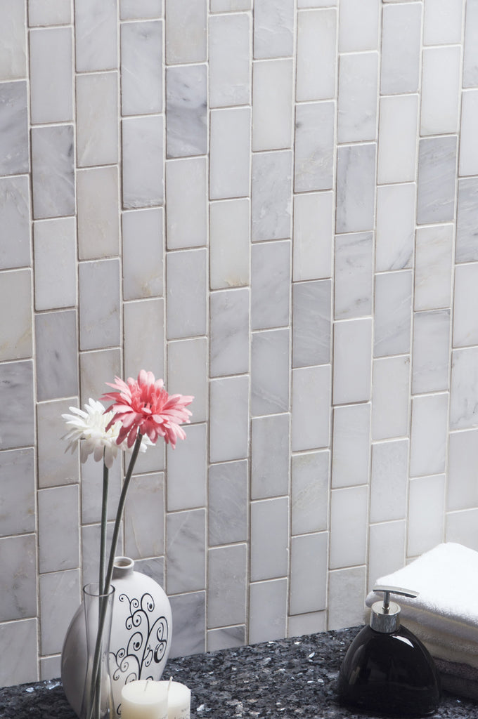 Carrara Venato Marble Mosaic Tile in 2x4" Mini Brick Subway Tiles Pattern - Polished or Honed | TileBuys