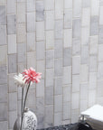 Carrara Venato Marble Mosaic Tile in 2x4" Mini Brick Subway Tiles Pattern - Polished or Honed | TileBuys