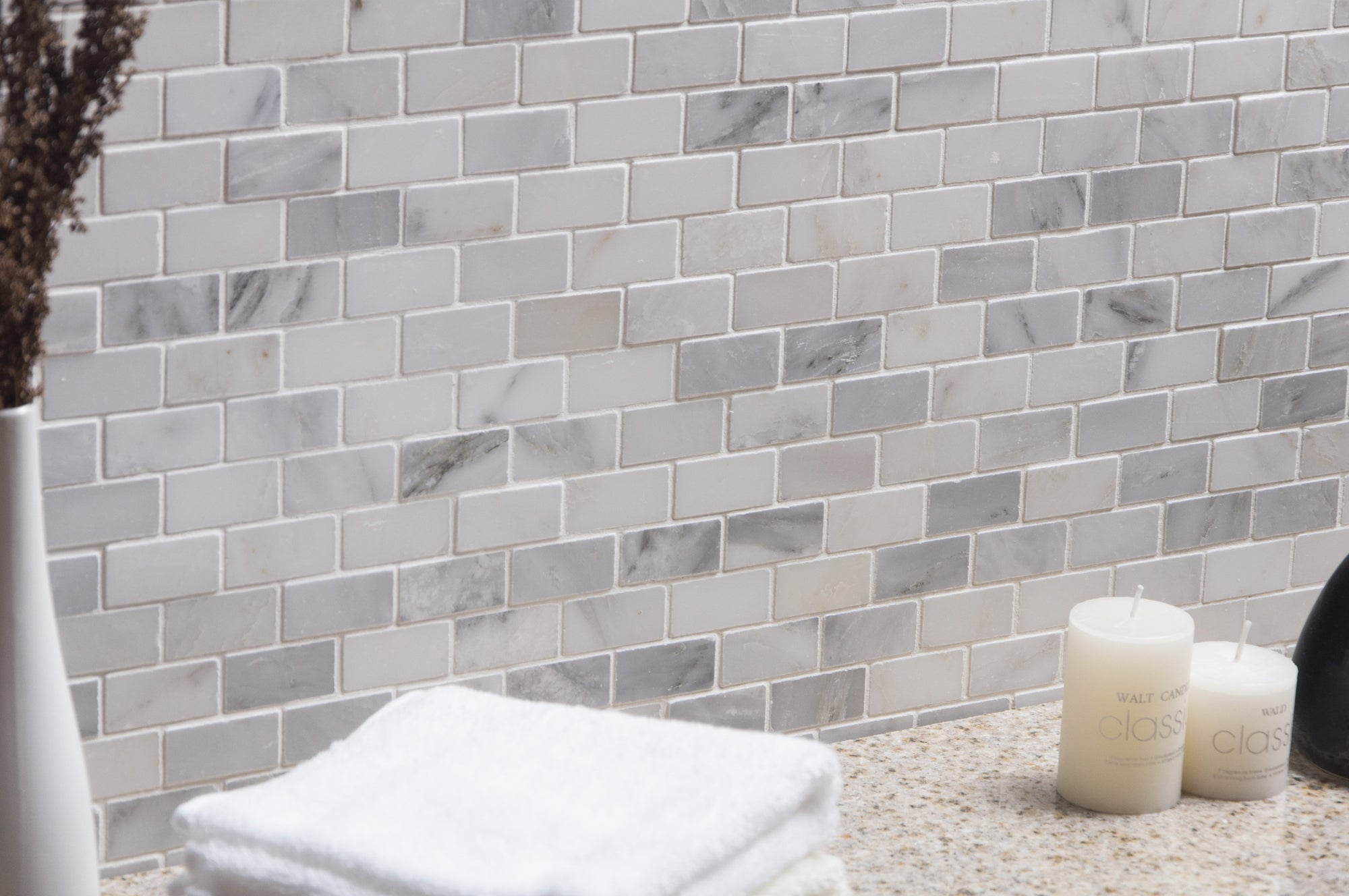 Carrara Venato Marble Mosaic Tile in 2x4" Mini Brick Subway Tiles Pattern - Polished or Honed | TileBuys