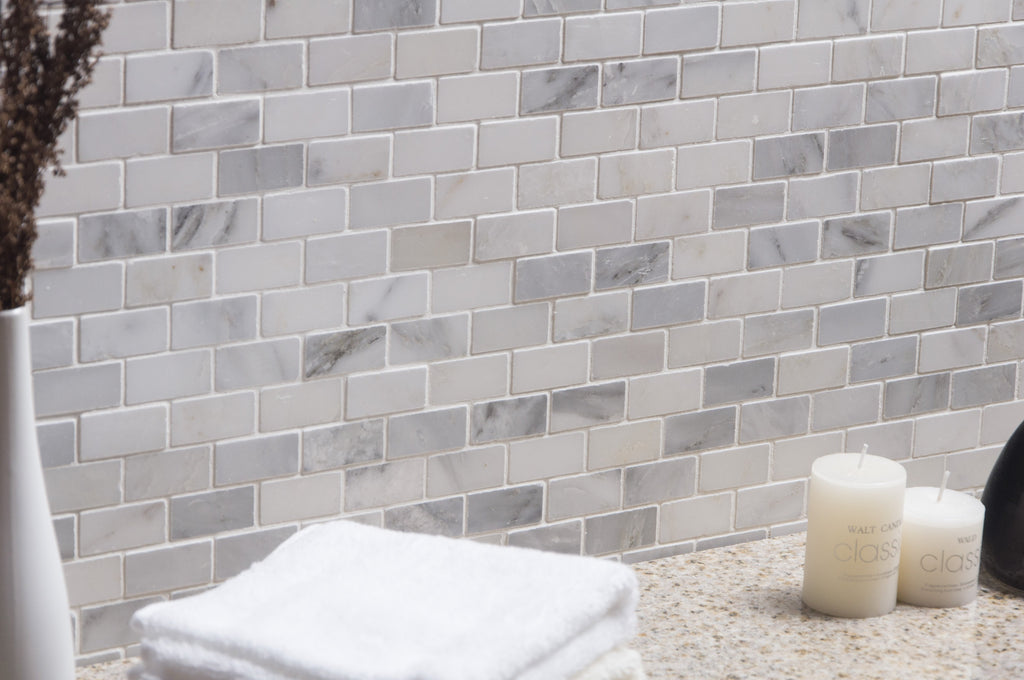 Carrara Venato Marble Mosaic Tile in 2x4" Mini Brick Subway Tiles Pattern - Polished or Honed | TileBuys