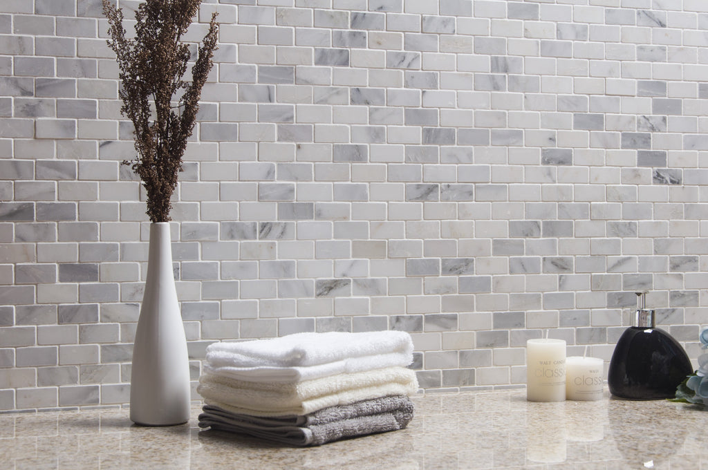 Carrara Venato Marble Mosaic Tile in 2x4" Mini Brick Subway Tiles Pattern - Polished or Honed | TileBuys