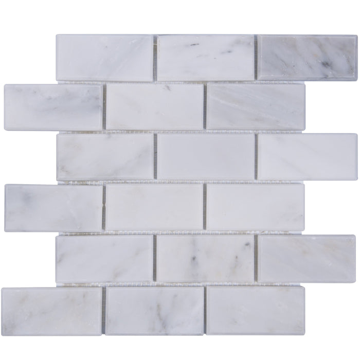 Carrara Venato Marble Mosaic Tile in Beveled 2x4" Mini Brick Subway Tiles Pattern - Polished | TileBuys