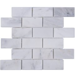 Carrara Venato Marble Mosaic Tile in Beveled 2x4" Mini Brick Subway Tiles Pattern - Polished | TileBuys