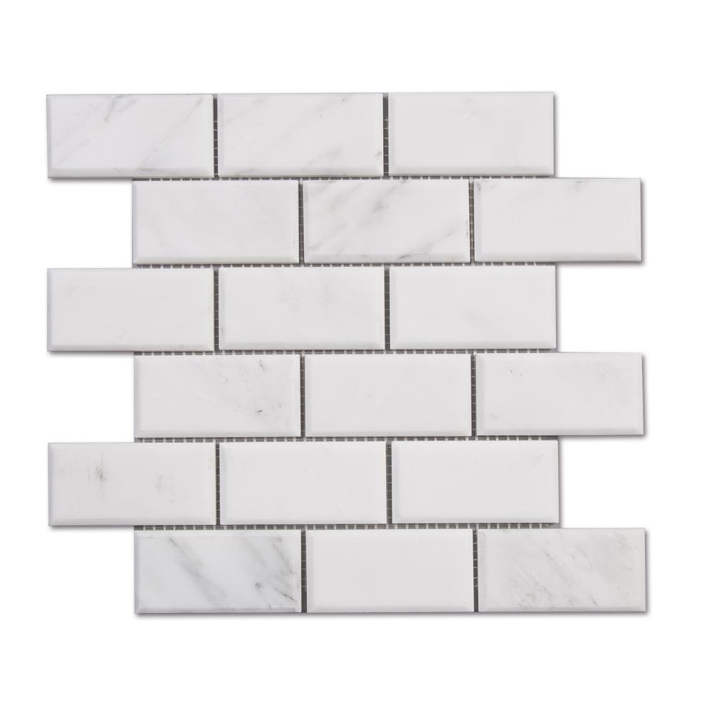 Carrara Venato Marble Mosaic Tile in Beveled 2x4" Mini Brick Subway Tiles Pattern - Polished | TileBuys