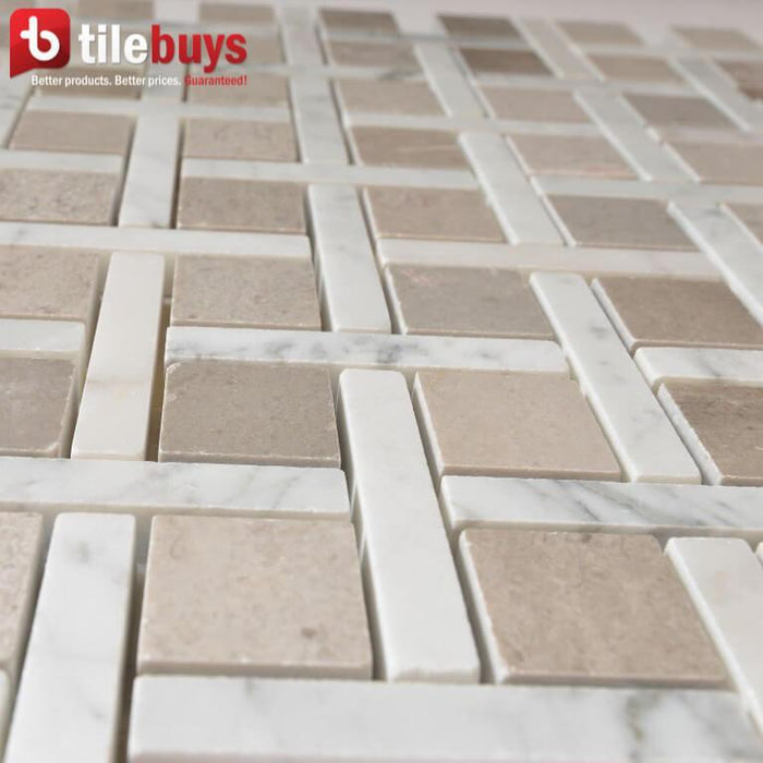 5 Sq Ft of Carrara White and Cinderella Grey Marble Mosaic Tile in Carrero | TileBuys