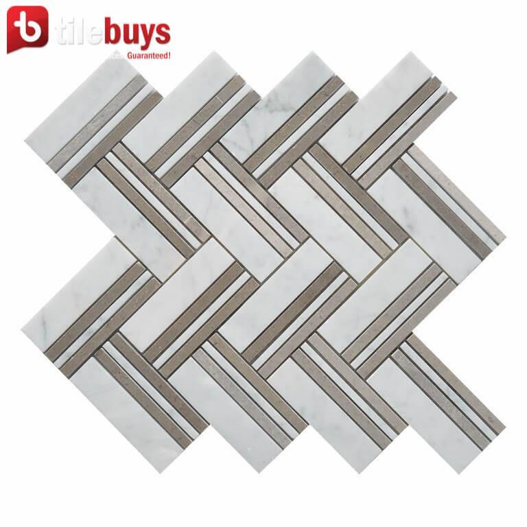 4.6 Sq Ft of Carrara White and Lady Grey Marble Mosaic Tile in Herringbone Strips | TileBuys