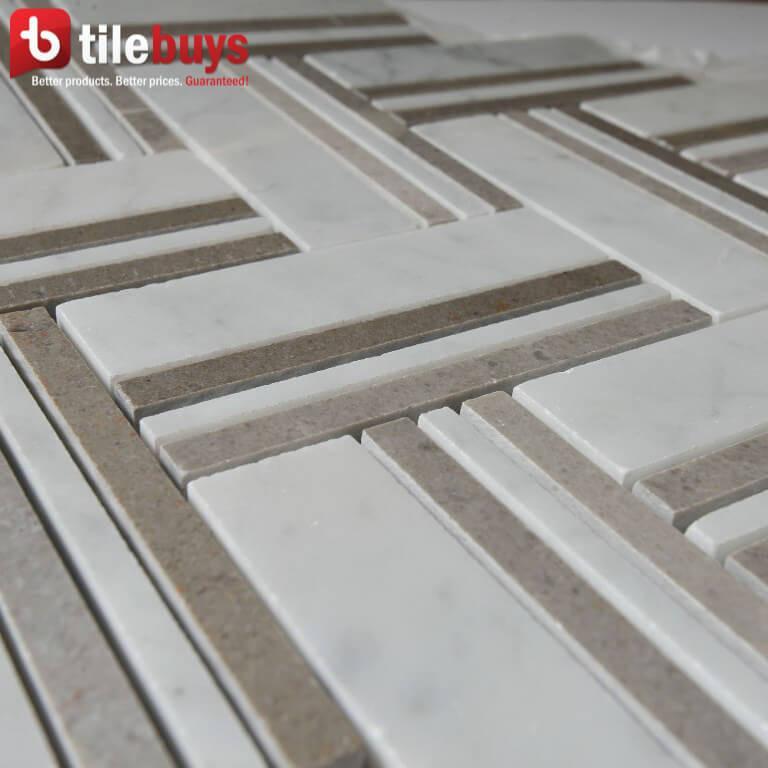 4.6 Sq Ft of Carrara White and Lady Grey Marble Mosaic Tile in Herringbone Strips | TileBuys