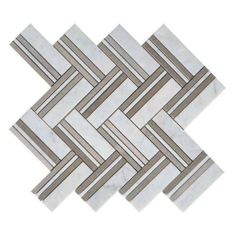 4.6 Sq Ft of Carrara White and Lady Grey Marble Mosaic Tile in Herringbone Strips | TileBuys