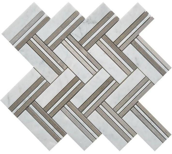 4.6 Sq Ft of Carrara White and Lady Grey Marble Mosaic Tile in Herringbone Strips | TileBuys