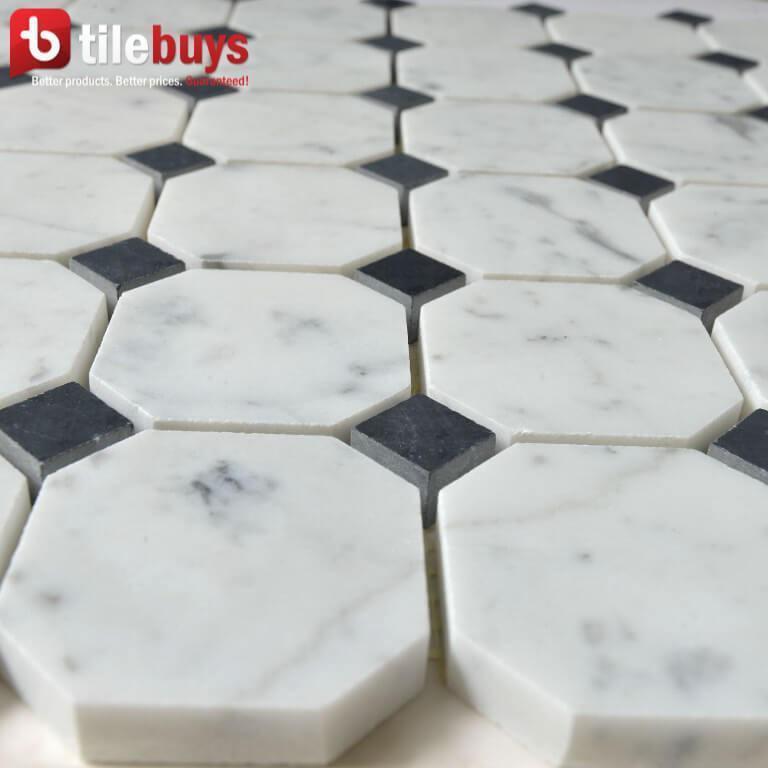 5 Sq Ft of Carrara White and Nero Black Marble Mosaic Tile in 2" Octagon Pattern - Polished | TileBuys