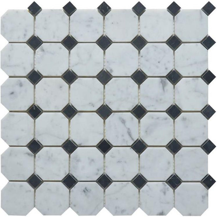 5 Sq Ft of Carrara White and Nero Black Marble Mosaic Tile in 2" Octagon Pattern - Polished | TileBuys